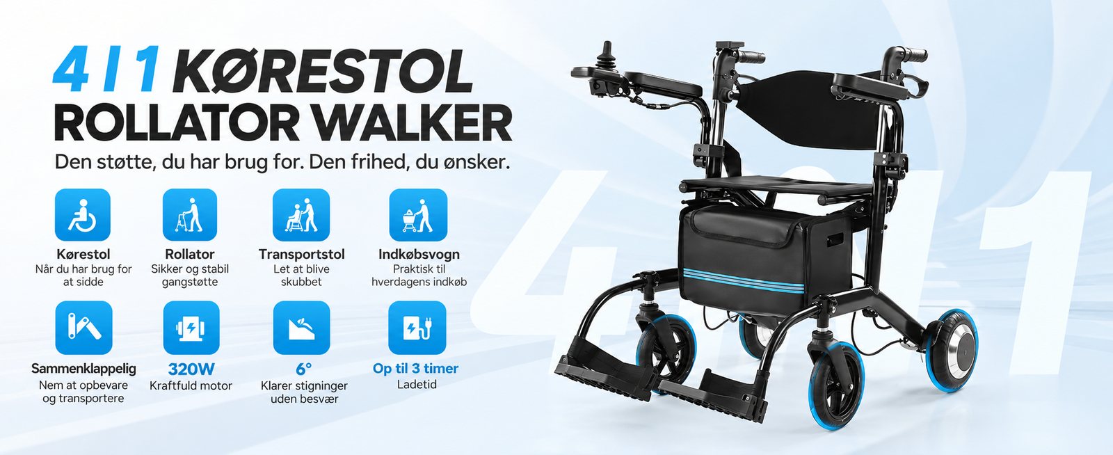 4-i-1 kørestol, rollator, transportstol og indkøbsvogn med 320W motor