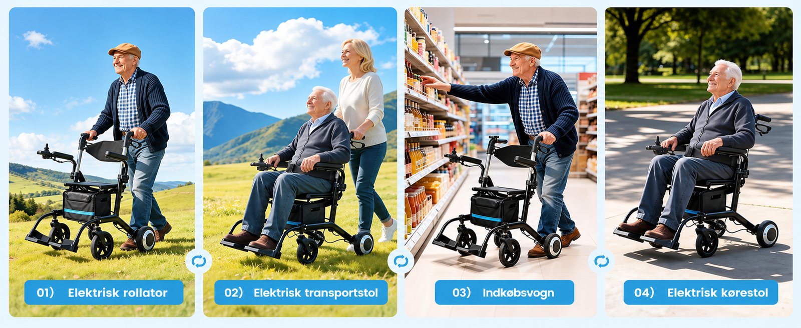 Fire funktioner: elektrisk rollator, elektrisk transportstol, indkøbsvogn og elektrisk kørestol