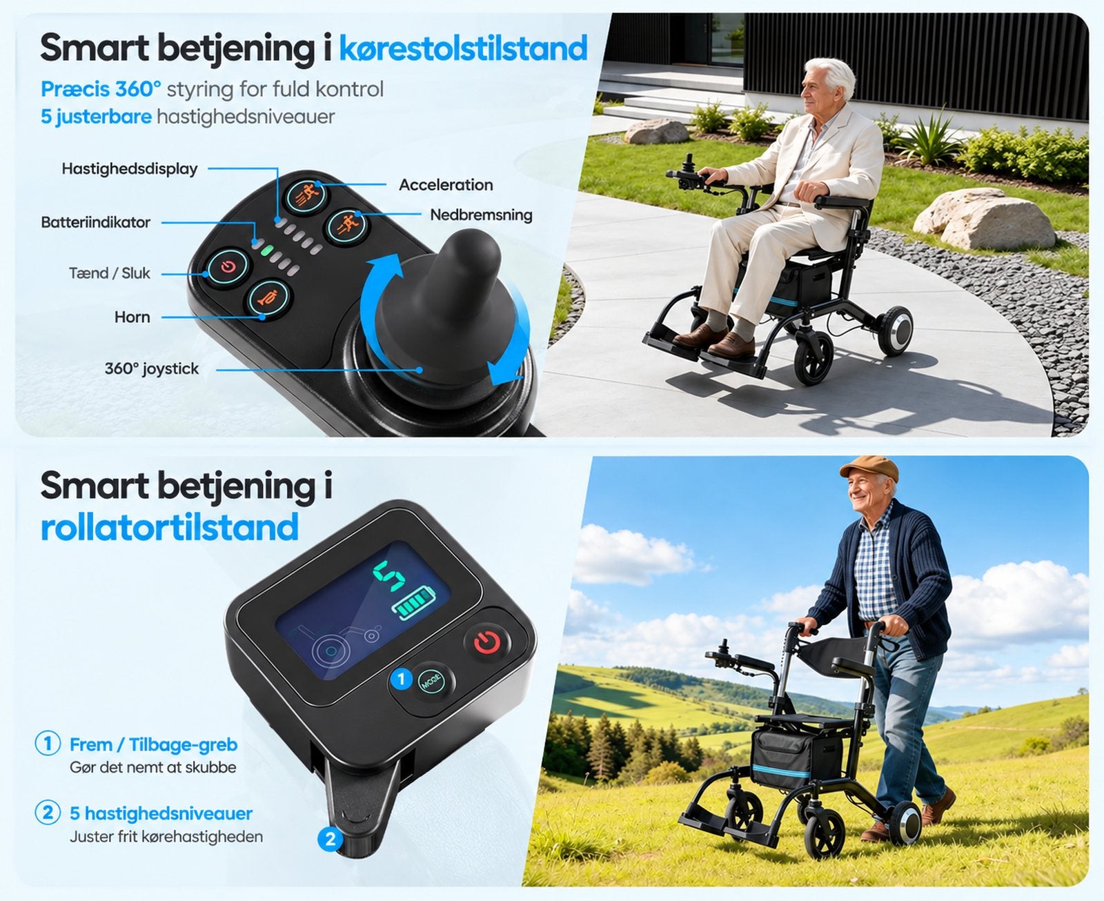 Betjening med 360 graders joystick i kørestolstilstand og display i rollatortilstand