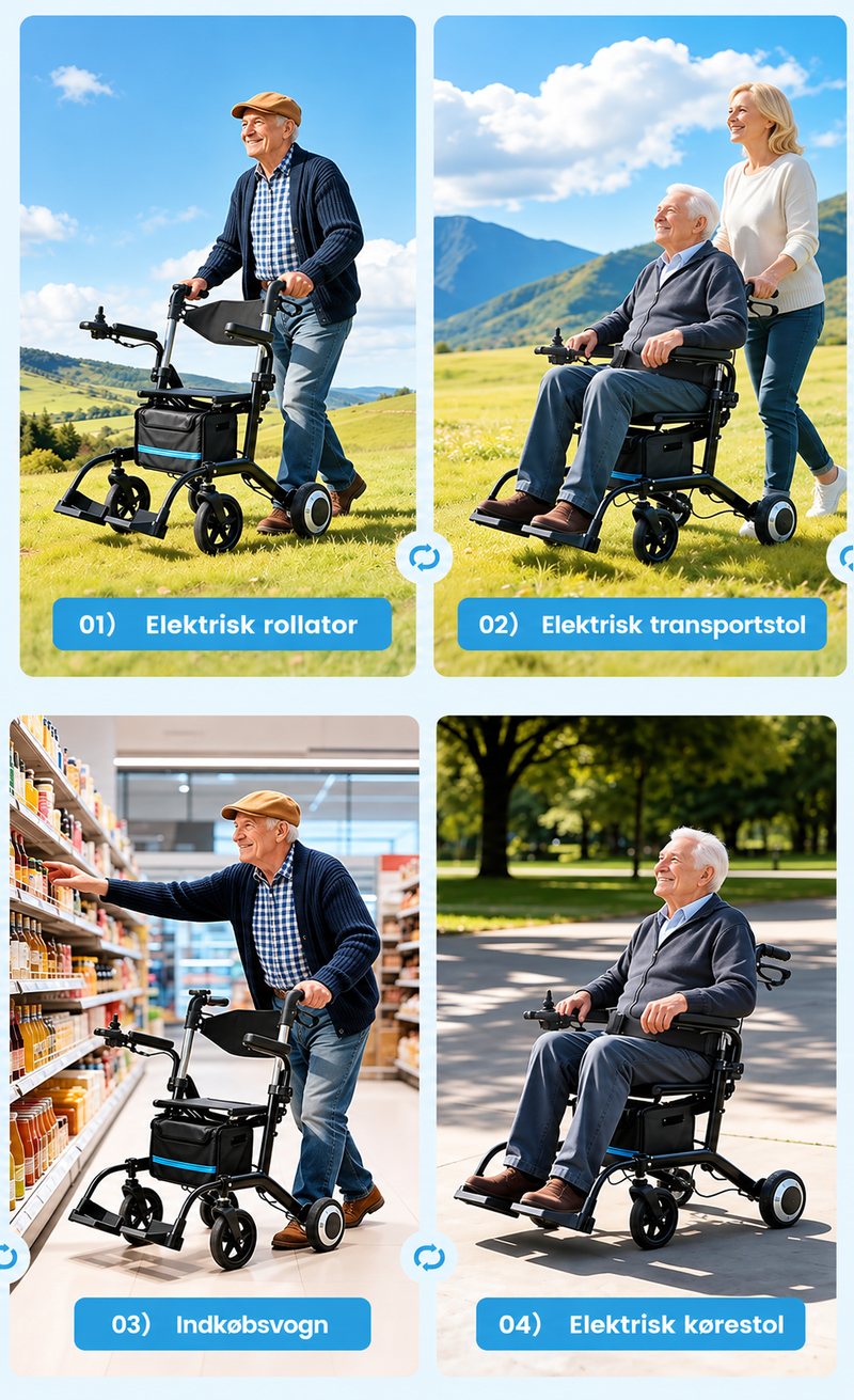 Fire funktioner: elektrisk rollator, elektrisk transportstol, indkøbsvogn og elektrisk kørestol
